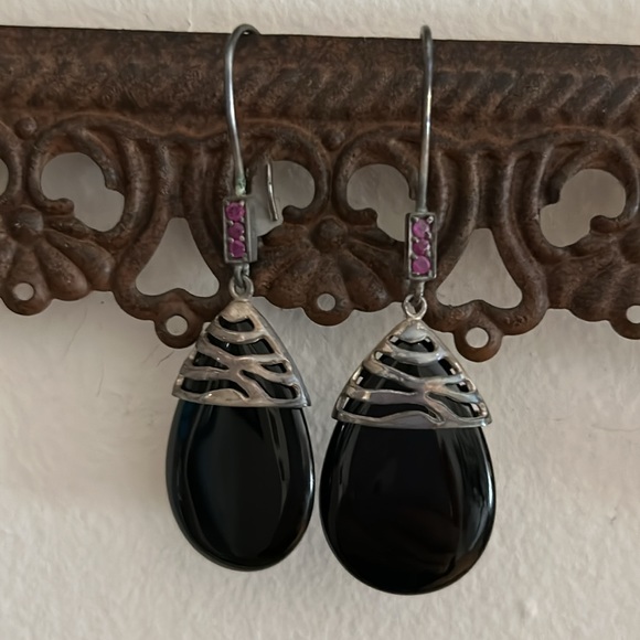Vintage David Sigal 925 Sterling Onyx Ruby Earrings - Picture 12 of 14